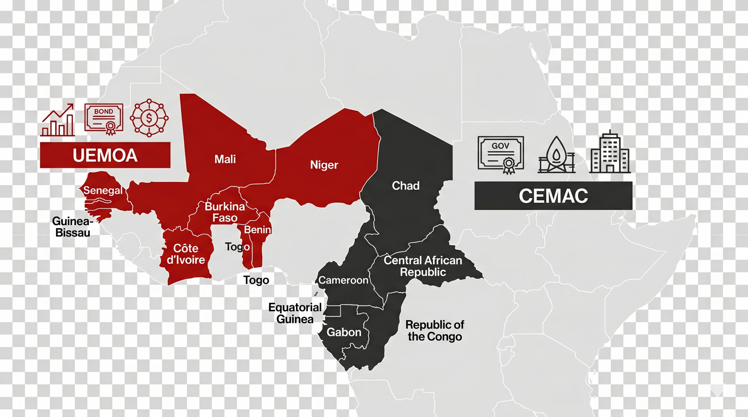 Carte de la zone franc CFA, UEMOA et CEMAC